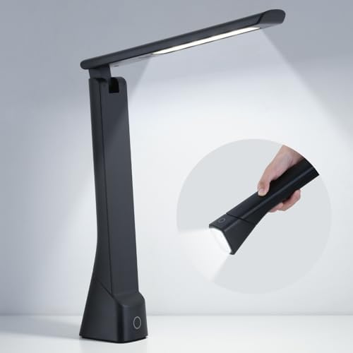 WILIT Rechargeable LED Desk Lamp with Torch Light for Office Home,Cordless Battery Operated Table Lamp with 3 Colors Dimmble Stepless,Eye-Caring Desk Light,Touch Control Lamp for Camping Reading Study