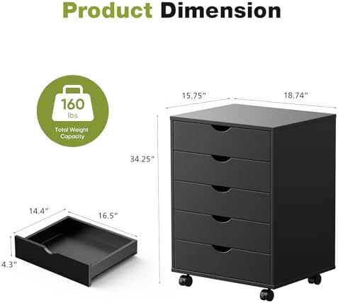 DUMOS 5 Drawer File Cabinet with Wheels, Office Storage Organizer Cabinet