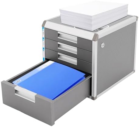 Desk Organizer with 4 Drawers, Metal Desktop Storage Cabinet File Holder with Locks and Keys, Filing Case Literature Organizer for Office Home, L12.4*D13.8*H11.7in, Silver & Grey