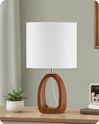 Small Table Lamp, 14.2" Cute Little Desk Lamp, Wood Bedside Lamp with White Linen Lampshade & Dark Pearwood Base, Modern Nightstand Lamp for Bedroom, E26 Base, Bulb Not Included, LW07TL05