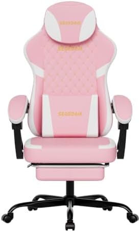Ergonomic Gaming Chair with Footrest & Massage Lumbar Pillow, Height Adjustable 360° Swivel Computer Chair, Linked Armrest & Headrest for Office Gaming (Pink White)