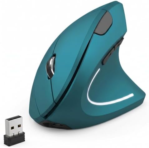 Ergonomic Vertical Wireless Mouse Stylish Rechargeable 2.4G Optical Mice Cordless Mouse with USB Receiver, 800/1200 /1600 DPI, 5 Buttons for Laptop,PC,Mac,Computer (Dark Green)