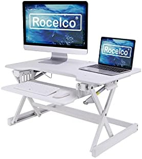 Rocelco 32" Height Adjustable Standing Desk Converter BUNDLE - Sit Stand Computer Workstation Riser with Anti Fatigue Mat - Dual Monitor Retractable Keyboard Tray Gas Spring - Black (R EADRW-MAFM)