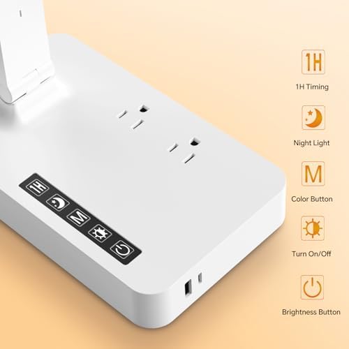 LAOPAO Desk Lamp with USB Charging Port: Power Strip with Surge Protection - 1 Type-C, 1 USB-A Charging Port, 2 AC Power Outlets, Desk Lamps for Home Office College Dorm Room Essentials