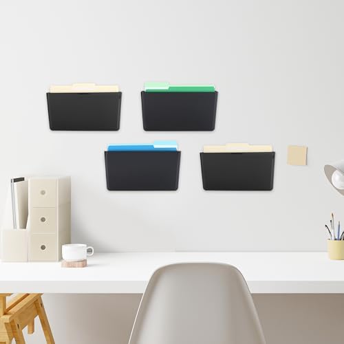 EASEPRES 4 Pack Black Single Pocket Hanging File Organizer, Plastic Wall Mount Paper Mails Magazines Holder, Mounted Folder Bins for Office, School and Home, 12.99x4.13x7.48 inches