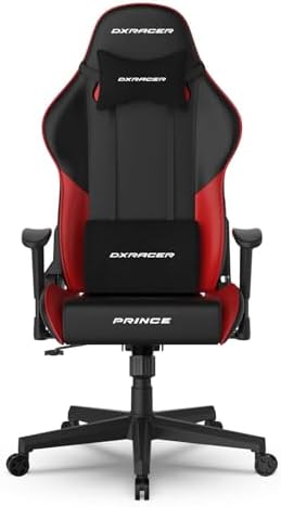 DXRacer Prince Series L Gaming Chair - Reclining, Ergonomic & Comfortable Computer Chair with 2D Armrest, Wing-Shaped Seat Base & Headrest Pillow Faux Leather (Faux Leather, Black & Red)