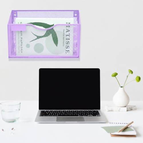 6 Packs 1 Tier A4 Mesh in Tray Hanging Wall File Holder Magazine Document Holder Mail Organiser Magazine Storage Rack,Durable Metal Mesh Filing Storage, Purple