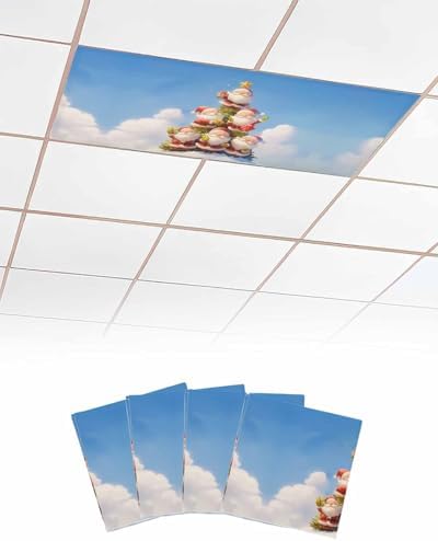 Santa Claus Magnetic Fluorescent Light Covers for Ceiling Lights 2 x 4 Feet,Christmas Tree Golden Star Blue White Office Classroom Kitchen Drop Ceiling Light Covers Filters Shade Panel 4 Packs