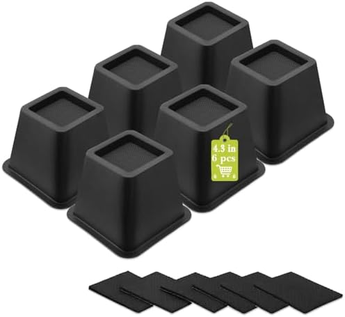 6 Pack Furniture Risers 4 Inch, Bed Risers Heavy Duty for Table Desk Couch Chair Sofa Cabinet Bed Frame Dorm, Square Table Leg Risers Lift Height 4.3", Black