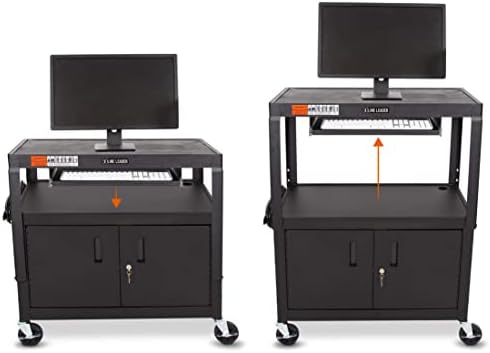Line Leader Large AV Cart with Locking Cabinet | Height Adjustable Utility Cart with Pullout Keyboard Tray & Cord Management | UL Safety-Certified Computer Cart | Easy Assembly (32 x 18 x 42in)