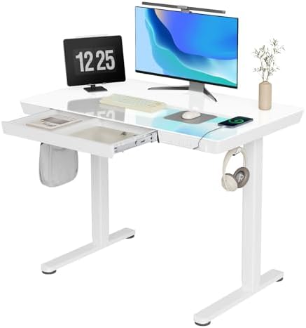 Claiks Glass Standing Desk with Drawers & USB Ports 40x24 Inch, White