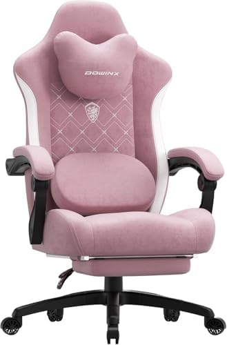 Dowinx Gaming Chair with Heated Massage Lumbar Support,Big and Tall Fabric Gaming Chairs for Adults with Footrest, Ergonomic Computer Game Chair with Poket Spring Cushions, 350lbs, Pink