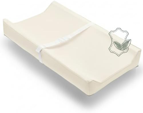 Vegan Leather Contoured Baby Changing Pad | Waterproof & Wipe-Clean PU Leather Diaper Change Mat, Soft, Wipeable Cover, Safety Strap, Non-Slip Bottom, Topper for Standard Infant Diaper Table & Dresser