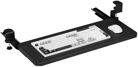 Under Desk Keyboard Tray with Adjustable C Clamp - Ergonomic Slide-Out Carbon Steel Tray No Drill Installation 25.6"x9.8" Workspace Extender for L-Shaped & Standard Desks Black