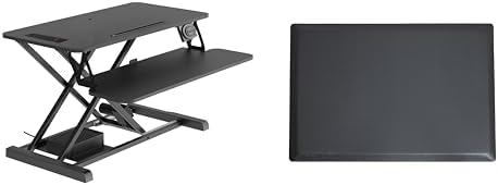 Rocelco 37.4" Electric Standing Desk Converter with Anti-Fatigue Floor Mat - AC USB Charger - Motorized Adjustable Sit Stand Up Computer Workstation Riser - Large Keyboard Tray - Black (R EDRB-MAFM)