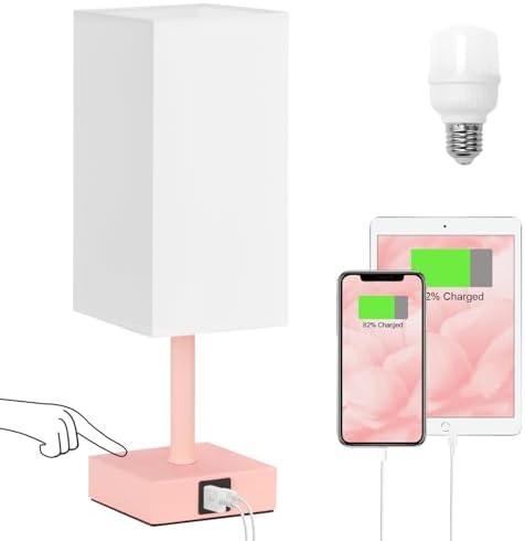 Touch Table Lamp for Bedroom - Dimmable, USB C+A, White Lamphade Pink Base