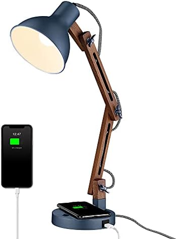 ELYONA Sapele Wood Desk Lamp with Upgraded Wireless Charger, Swing Arm Table Lamp with USB C Charging Port, Reading Task Light for Bedroom, Dorm, Office, Living Room, LED Bulb Include, Modern Blue