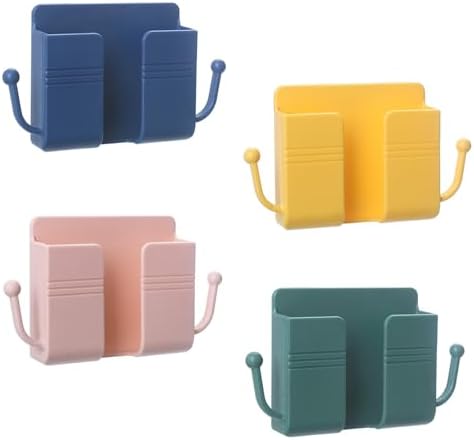 4Pcs Wall Mount Phone Holder Adhesive Wall Phone Mount Charging Stand and Remote Control Stand Multipurpose Socket Pocket Universal Deck Storage Box for Bedroom, Kitchen, Bathroom, Office