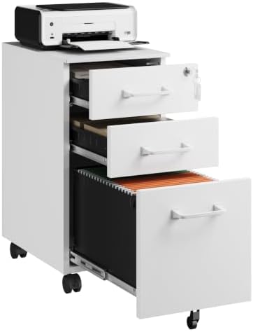 Letaya 3 Drawer Mobile File Cabinet with Lock,Under Desk Metal Filing Cabinets for Home Office Organizer,Small Rolling Printer Stand with Wheels,for Letters/Legal/A4(Assembly Required) (White)