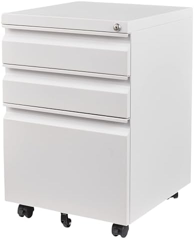 3 Drawer File Cabinet with Lock,Under Desk File Cabinet with Wheels,White Rolling Filing Cabinets,Three Drawer Metal Filing Cabinet for Home Office,Fit A4/Letter/Legal File,- Assembly Required