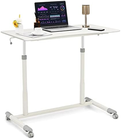 COSTWAY Mobile Height Adjustable Standing Desk, Compact Pneumatic Sit to Stand Computer Desk w/Lockable Casters, Ergonomic Rolling Laptop Table w/Steel Frame for Home Office (White)