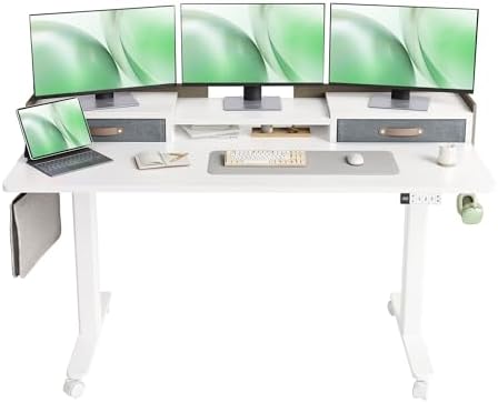 Claiks Standing Desk with Drawers & Wheels, 2 Height Shelf 59inch White