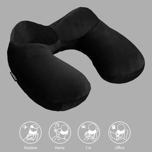 Inflatable Travel Pillow, Soft Velvet Inflatable Neck Pillow for Traveling, Airplanes, Train, Car, Office with Compact Bag, Breathable Washable Cover, Suit for Adults Sleeping - Black