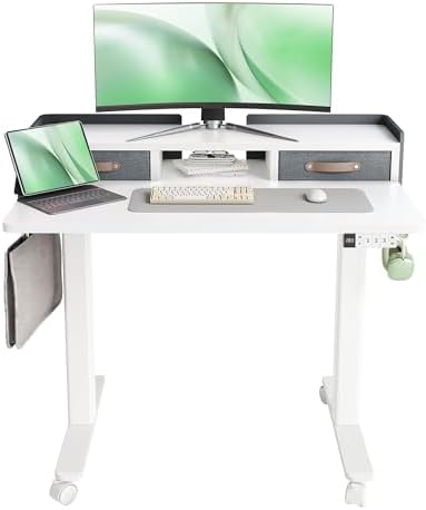 Claiks Standing Desk with Drawers & Wheels, 2 Height Shelf 40" White