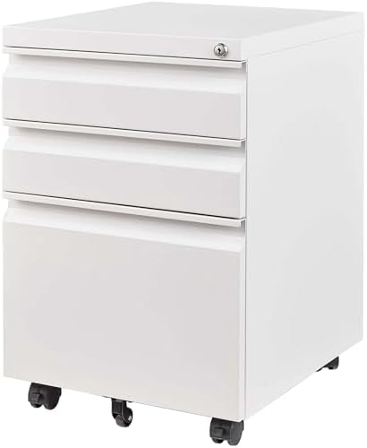 Simpli-Magic 3 Drawer Mobile File Cabinet with Lock Under Desk Metal Filing Cabinet for Home Office Organizer Fully Assembled Letter Legal A4 White