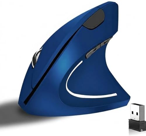 Ergonomic Vertical Wireless Mouse, 2.4G Optical Mouse with USB Receiver, 800-1600 DPI, Silent Click, Battery Powered, 5 Buttons, Stylish Comfortable Mouse for Laptop, PC, Mac, Computer (Blue)