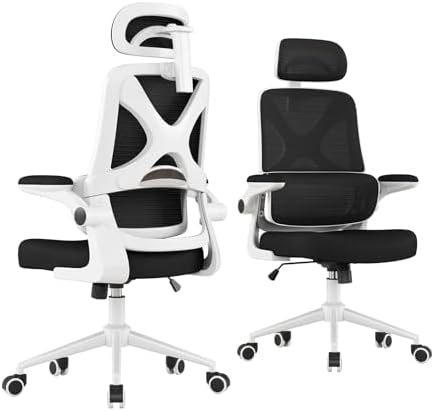 Ergonomic Office Chair - Desk Chair with Adjustable Headrest Lumbar Support Computer Chair - Mesh Comfy Chair with Flip-up Armrests - Gaming Chairs for Adults Home Office 330 LBS (White+Black)