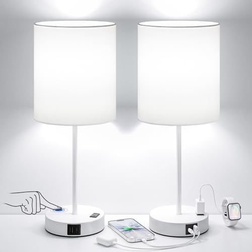 17.6" White Touch Lamps for Bedroom Set of 2 - Dimmable, USB C+A, AC Outlet