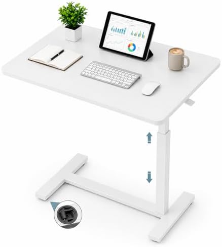 Mobile Small Standing Desk with Hidden Wheels, Portable Rolling Laptop Desk, Rolling Computer Cart Movable, Adjustable Height Computer Workstations, for Home, Office, White