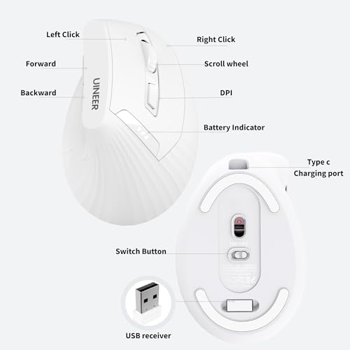Uineer Ergonomic Vertical Mouse, 2.4G Wireless Mouse, Rechargeable, 4-DPI