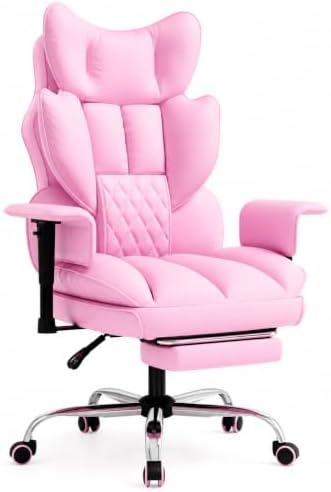 Mr IRONSTONE Big and Tall Gaming Chair 400lbs, Heavy Duty Office Chair with Footrest, High Back Computer Chair with Thick Padded Seat and Lumbar Support, Wide Seat Reclining PU Leather Chair, Pink
