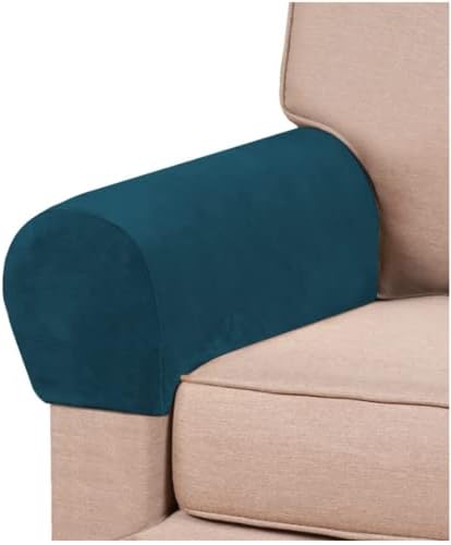 2 Pack Velvet Stretch Armrest Covers - Non Slip Sofa Chair Covers, Soft Elastic Arm Protectors for Living Room Couch, Office Chair, Recliner (Teal)
