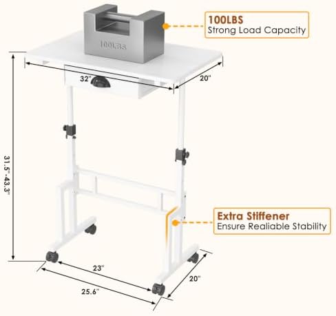 Large Adjustable Height Standing Desk With Wheel, Rolling Sit to Stand Desk
