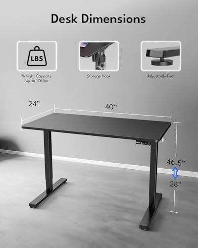 Electric Standing Desk, Gaming Desk, 40 x 24 Inch, Black