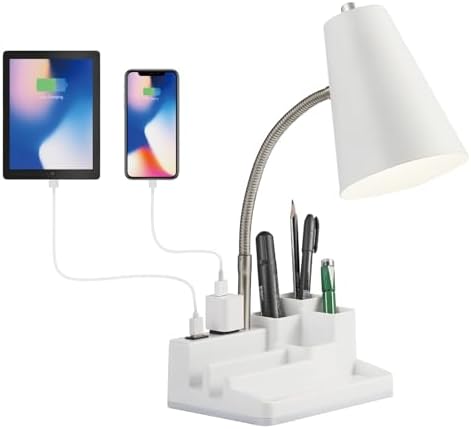 Desk Lamp Cute for Small Space, Lamp Desk with USB Port and Outlet, Desk Lamps for Home Office with Pen Holder, Study lamp for College Dorm Room, Flexible Arm, White