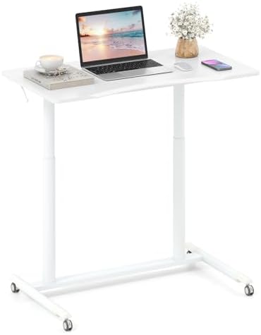 Tangkula Mobile Standing Desk, C-Shaped Sit Stand Desk with Adjustable Height, Lockable Wheels & Metal Frame, Rolling Laptop Desk, Portable Computer Workstation for Small Space