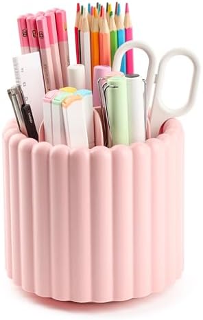 Desk Organizer, 360° Rotating Pen Holder for Desk, Pencil Cup with 7 Compartments Storage Box Caddy for Kids, Office, School, Home (Pink)