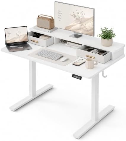 Grandder Electric Standing Desk with Two Drawers, Sit to Stand Up Height Adjustable Desk with Storage Shelf for Home Office, 47 * 24 Inch, Study, Ergonomic Adjustable Computer Desk, White