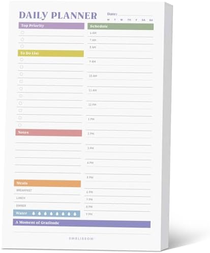Daily Planner Notepad, 5.5 x 8.5" Tear-Off Pad – 70 Undated Sheets Focus-Enhancing Desktop Organizer with Hourly Schedule, To-Do List for Work, School (White, Colorful, 1 Pack)