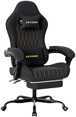 Breathable Fabric Gaming Chair with Footrest, Ergonomic High Back Computer Chair with Gold Diamond Stitching, Height Adjustable Swivel Office Chair with Lumbar Support for Adults,Black