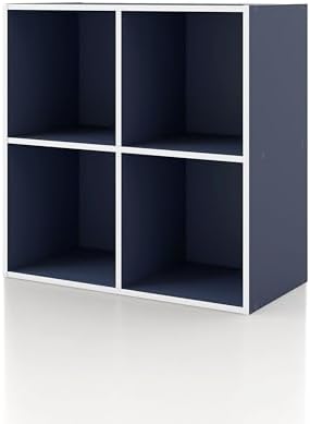 Homes: Inside + Out Apexa 4-Cube Storage Organizer Shelves, Stackable Wood Bookcase Fits Cubby Bins for Organization, Dorm Teen Room Decor & Home Office, Steel Blue