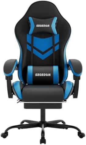 Gaming Chair with Footrest & Massage Lumbar Support, PU Leather Ergonomic High Back Swivel Height Adjustable Chair for Adults, Office Gaming, 300 lbs (Black Blue)