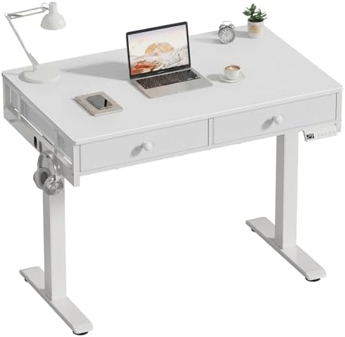 KLUVIS White Electric Standing Desk with Drawers, 39 Inch Small Adjustable Desk with Storage, Sit Stand Computer Study Writing Desks for Small Space Home Office, Stand Up Work Desks for Walking Pad