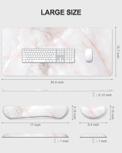 Auhoahsil Large Mouse Pad with Wrist Rests for Keyboard & Mouse, Thick Soft Ergonomic Memory Foam Wrist Supports, Big & Long Desk Mat 35.5 x 15.7 in, for Office Gaming Computer, White Marble