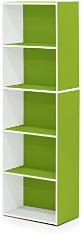 Furinno LUDER Book Shelf, 5-Tier Bookshelf, Bookcase with Open Shelves, 9.4 x 15.8 x 52, Easy Assembly, for Living Room, Bedroom, Home Office, White/Green