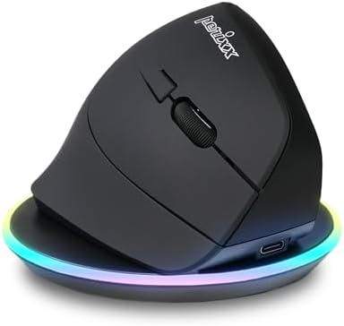 Perixx PERIMICE-715RX Coreless Rechargeable Vertical Mouse - Duo Wired and Wireless Charging Feature - Charger Included - Right-Handed - Black